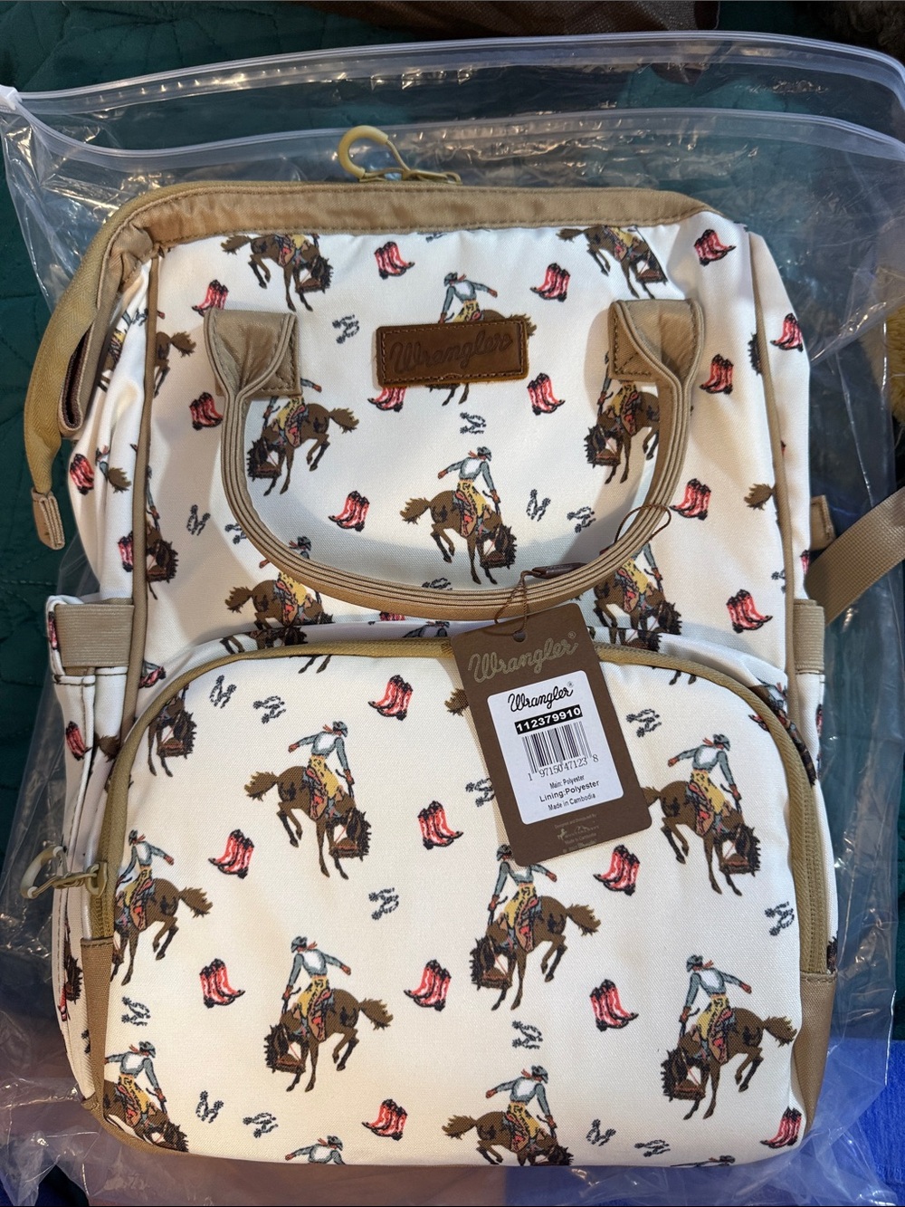 Wrangler Cream Rodeo Print Backpack with Tan Trim